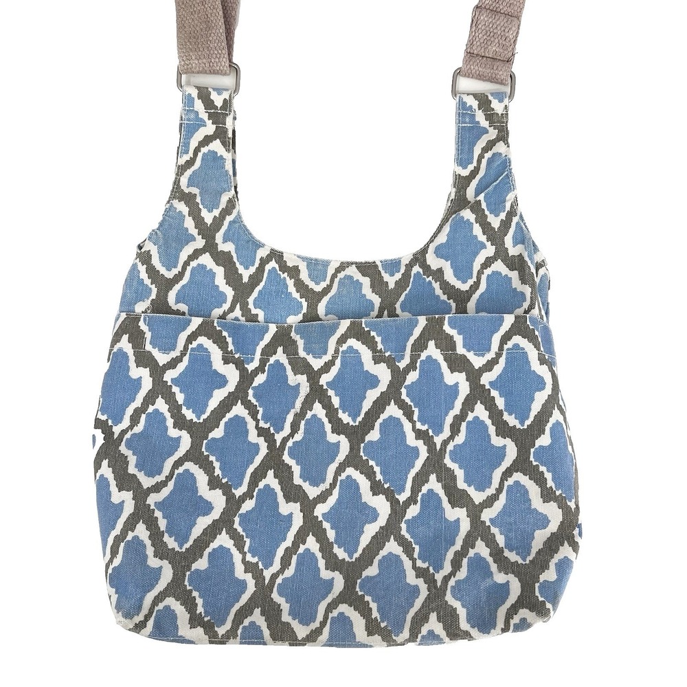 ROCK FLOWER PAPER Crossbody Bag‎ Purse Canvas Blue Gray White Ikat Adjustable